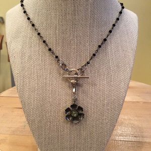 Handmade black faceted beaded flower necklace